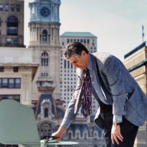 Dr. Donald Dvorin of The Asthma Center checks the pollen counter on the roof of 205 N. Broad St.